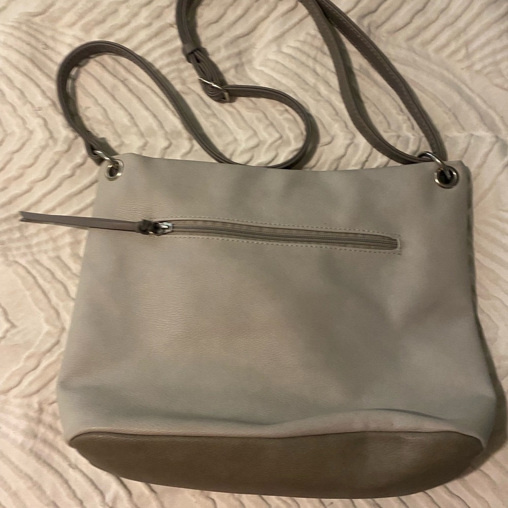 Gray and Brown Crossbody Bag with Adjustable Strap and Striped Design - Picture 2 of 6